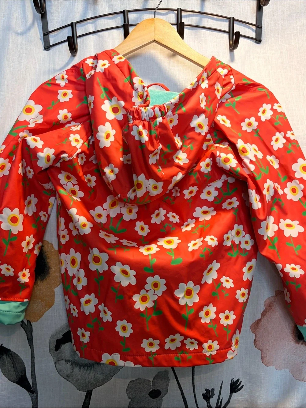 Lazy One Kids Rain Jacket in Bright Pink with White, Yellow & Aqua Accents